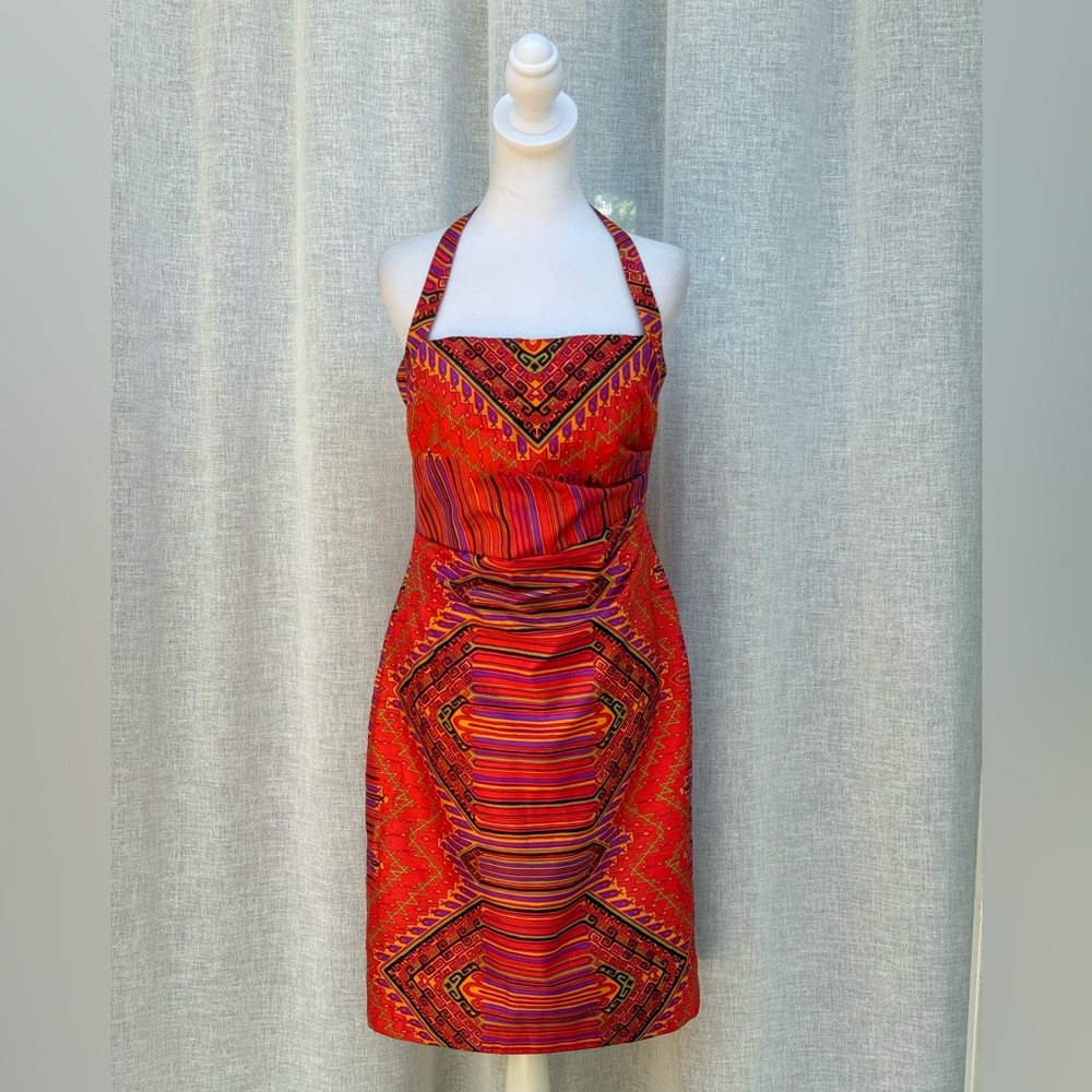Kay Unger New York orange abstract print halter mini dress